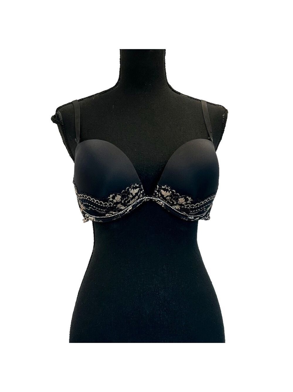 LA Senza Beyond Sexy black tan lace crystal rhinestone trim bra Sz 36D